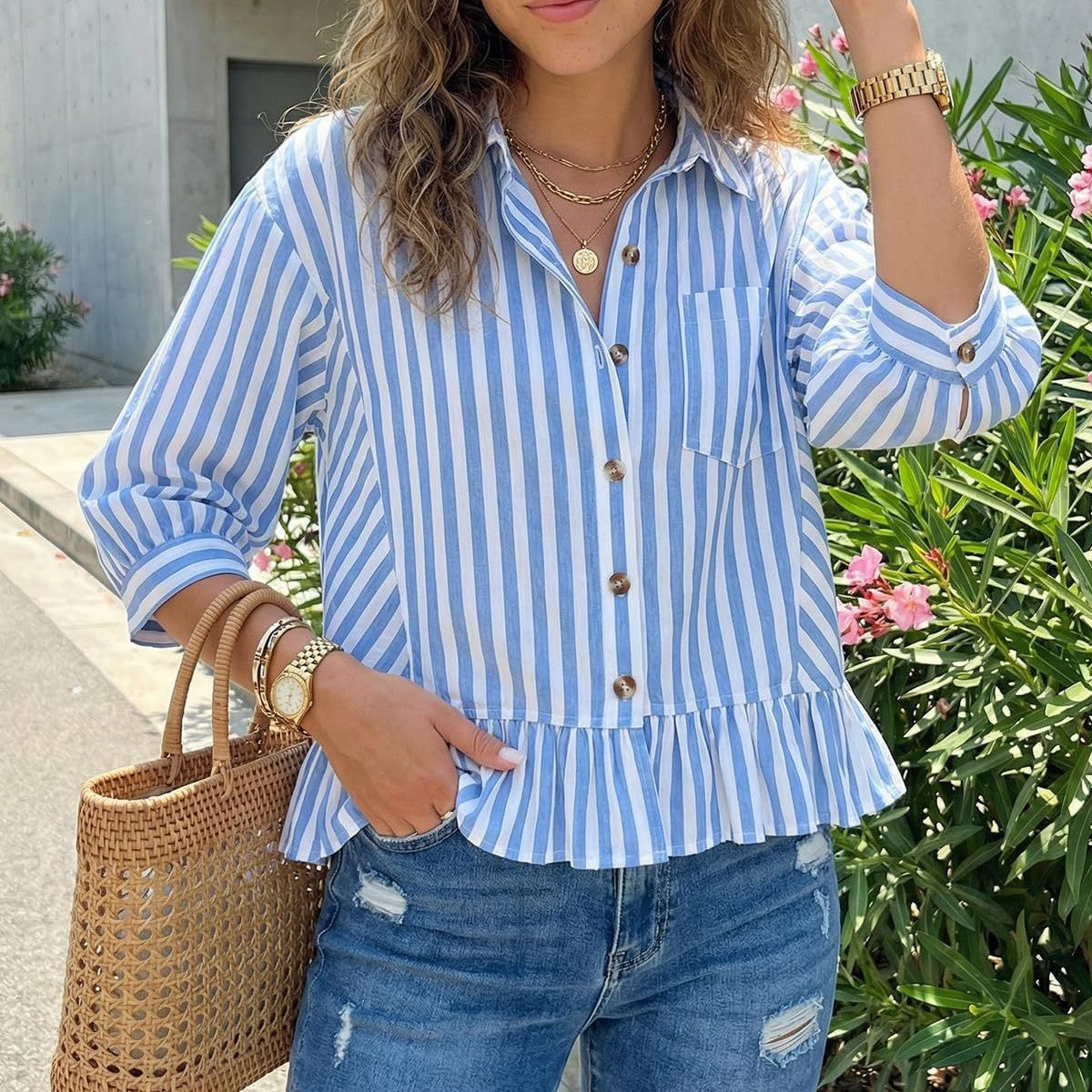 Striped Ruffle Hem Puff Sleeve Shirt Blouse - Blue