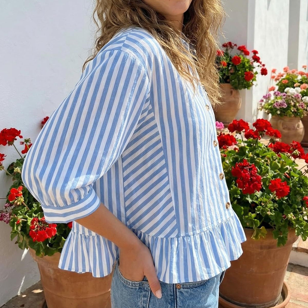 Striped Ruffle Hem Puff Sleeve Shirt Blouse - Blue - 2
