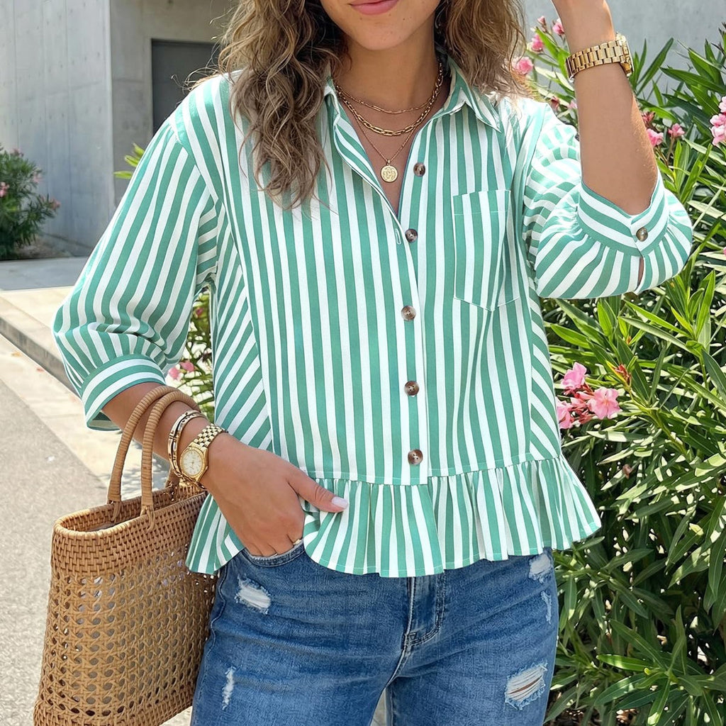 Striped Ruffle Hem Puff Sleeve Shirt Blouse - Green - 1