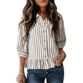 Striped Ruffle Hem Puff Sleeve Shirt Blouse - Khaki