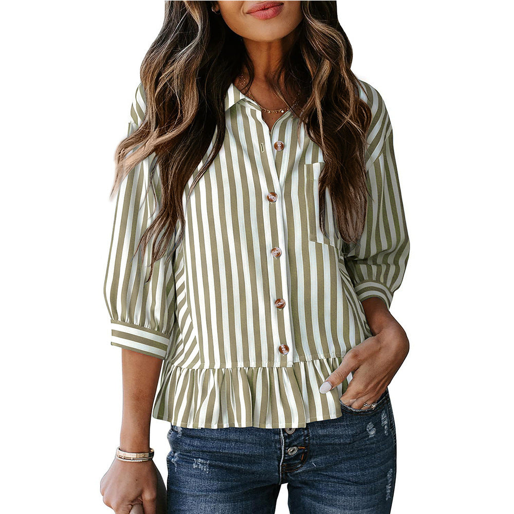 Striped Ruffle Hem Puff Sleeve Shirt Blouse - Olive