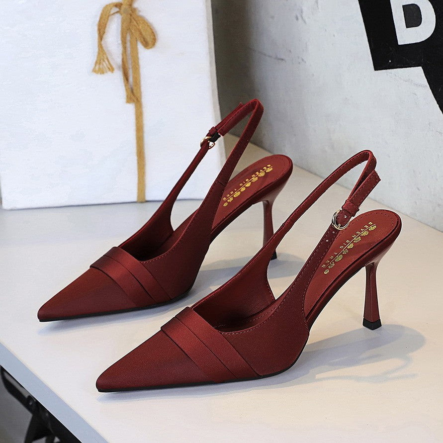 Pleated Satin Pointed Toe Slingback Heels