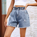Paperbag Waist Frayed Hem Denim Shorts - Blue