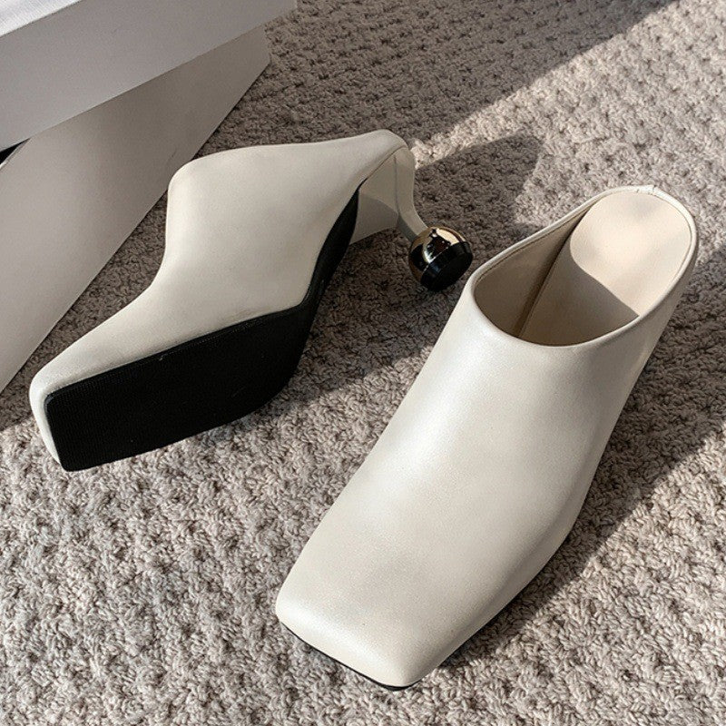 Square Toe Mules with Sculptural Ball Heel - Off White