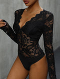 Scalloped Deep V Lace Sleeve Bodysuit - Black