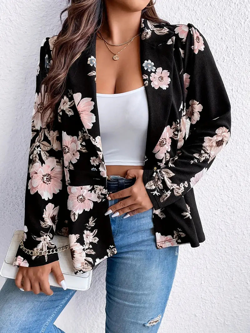 Floral Print Peplum Open Front Blazer - Black