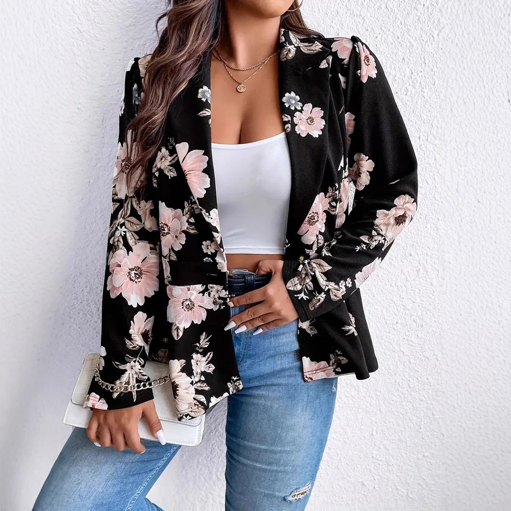 Floral Print Peplum Open Front Blazer