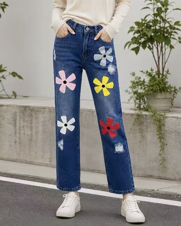 Flower Print Distressed Straight Leg Blue Jeans - Blue