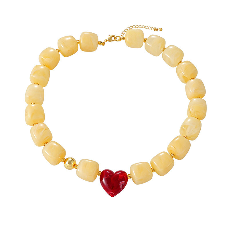 Chunky Resin Bead Heart Charm Necklace - Beige