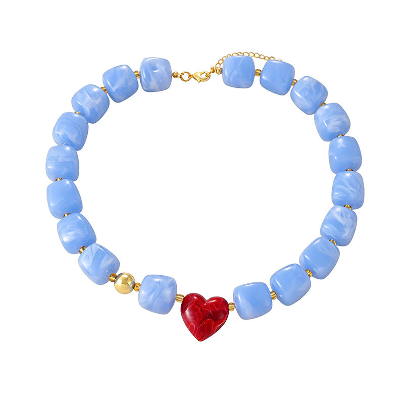 Chunky Resin Bead Heart Charm Necklace - Blue