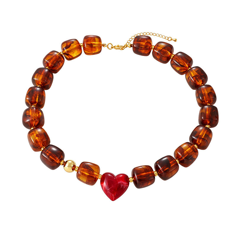 Chunky Resin Bead Heart Charm Necklace - Dark_Coffee