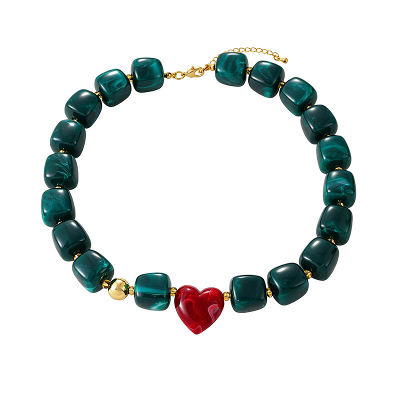 Chunky Resin Bead Heart Charm Necklace - Dark_Green