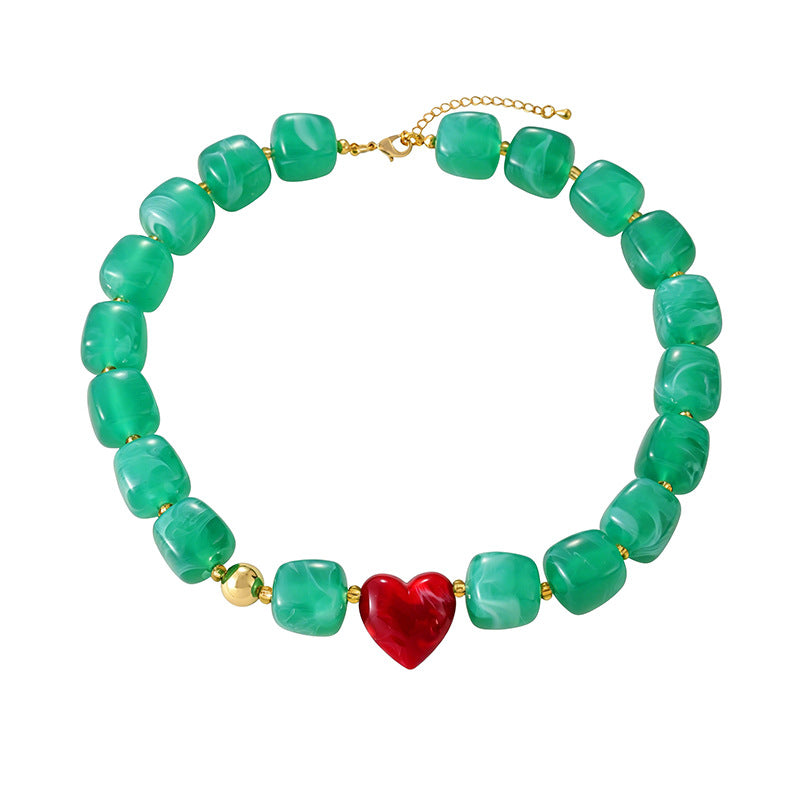 Chunky Resin Bead Heart Charm Necklace - Green