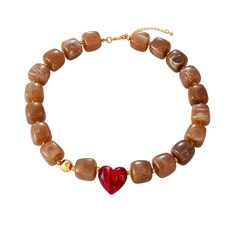 Chunky Resin Bead Heart Charm Necklace - Light_Brown