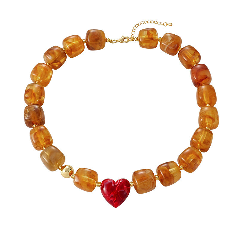 Chunky Resin Bead Heart Charm Necklace - Light_Coffee