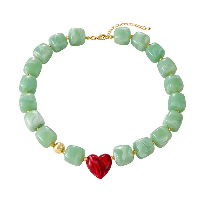 Chunky Resin Bead Heart Charm Necklace - Light_Green