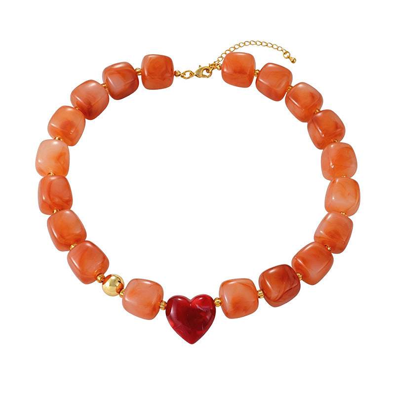 Chunky Resin Bead Heart Charm Necklace - Light_Red