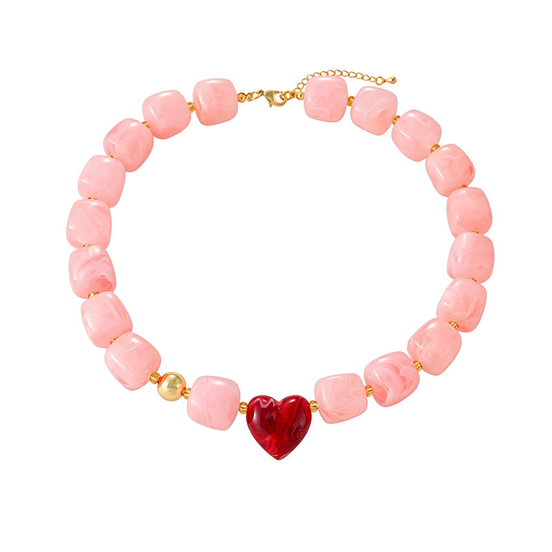 Chunky Resin Bead Heart Charm Necklace - Pink