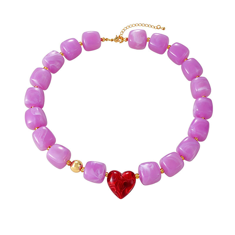 Chunky Resin Bead Heart Charm Necklace - Purple