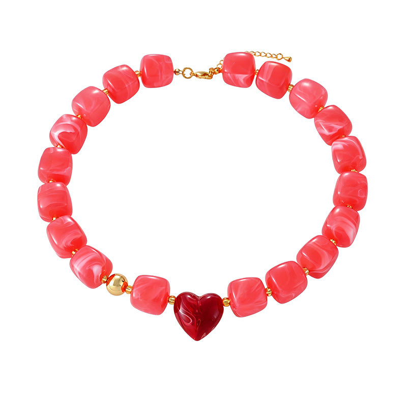 Chunky Resin Bead Heart Charm Necklace - Rose