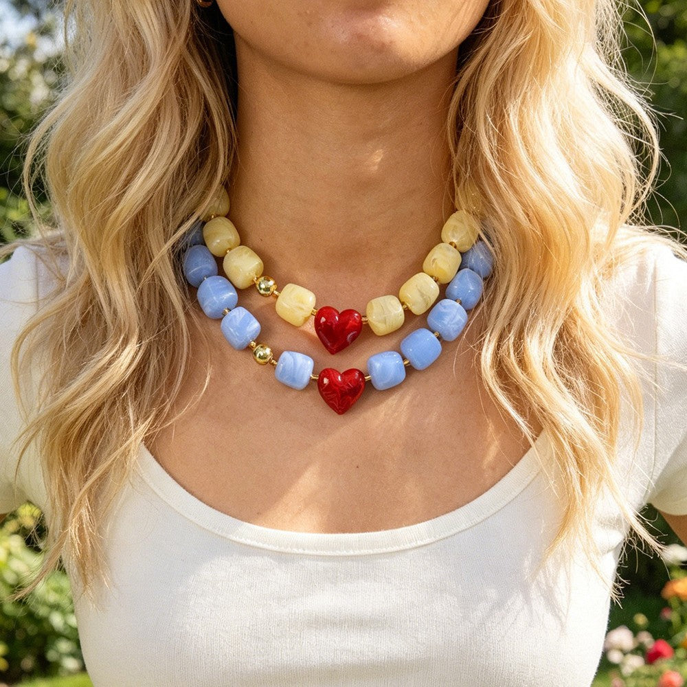 Chunky Resin Bead Heart Charm Necklace