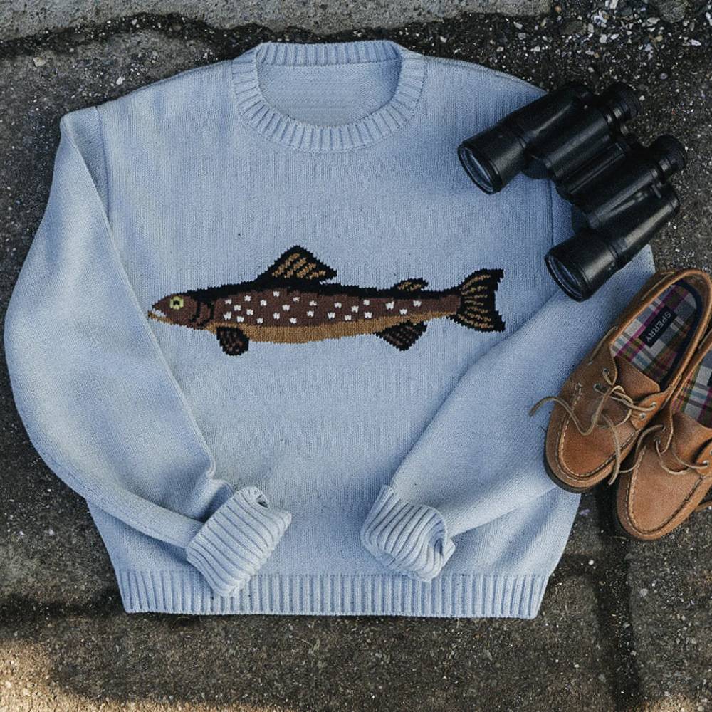 Fish Intarsia Crewneck Knit Sweater - blue