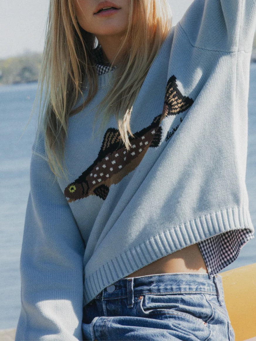 Fish Intarsia Crewneck Knit Sweater - blue - 1