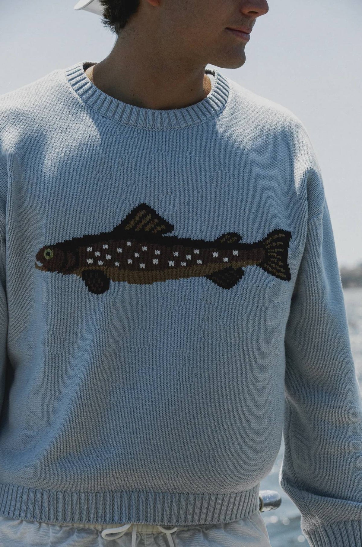Fish Intarsia Crewneck Knit Sweater - blue - 5