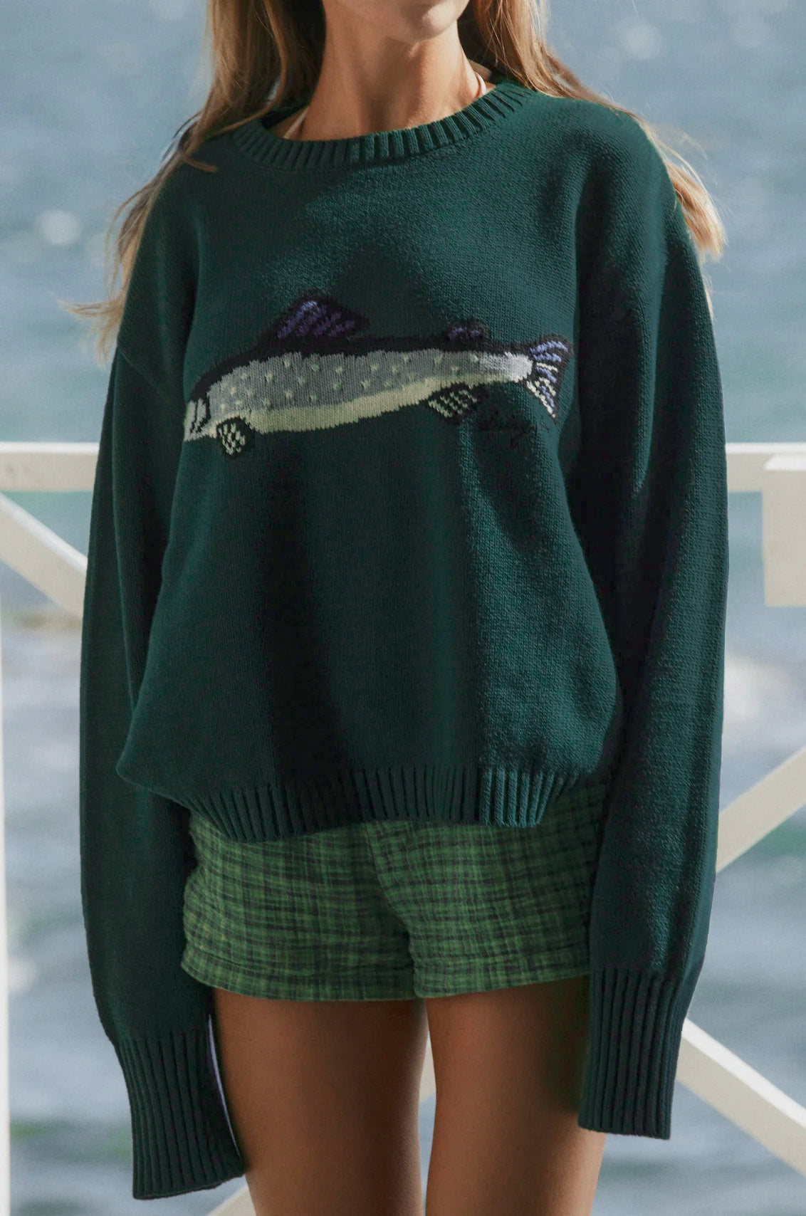 Fish Intarsia Crewneck Knit Sweater - green