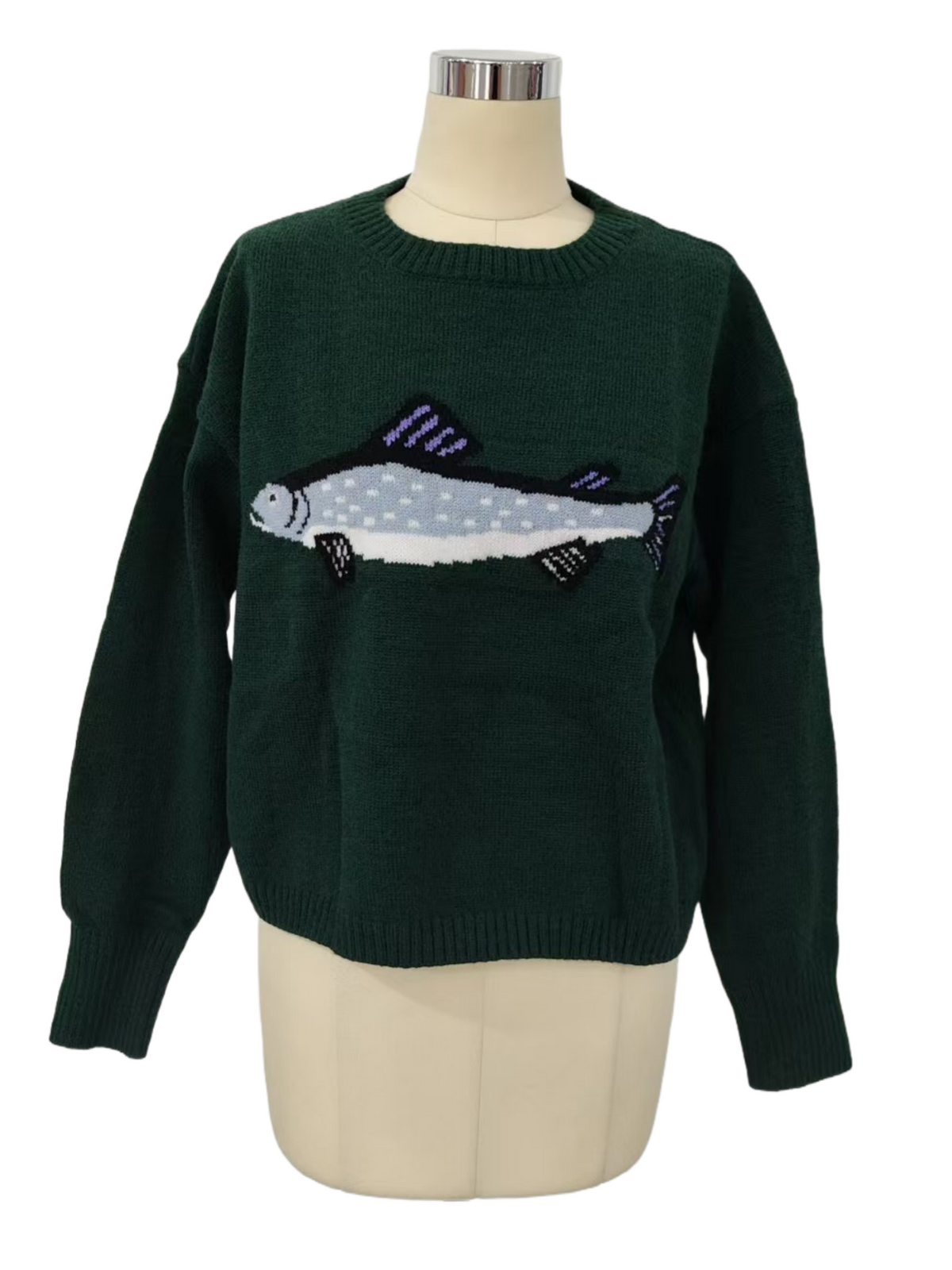 Fish Intarsia Crewneck Knit Sweater - green - 1