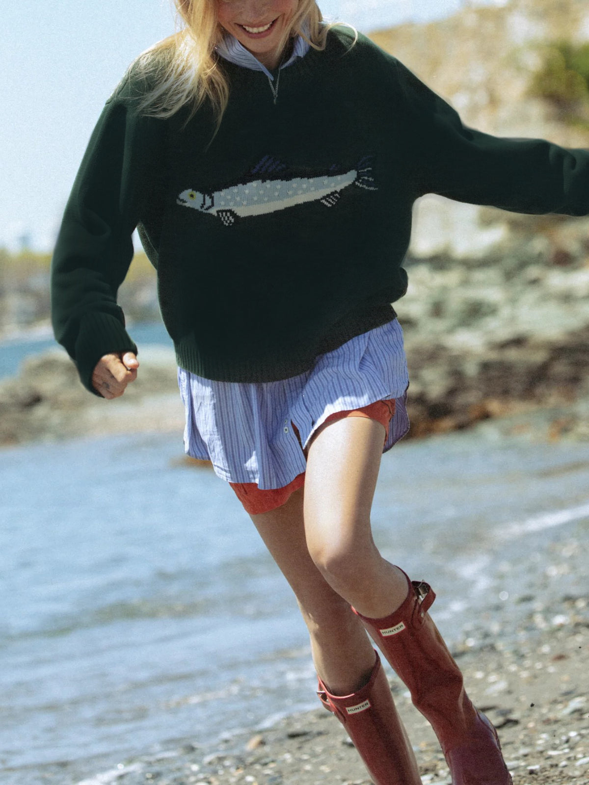 Fish Intarsia Crewneck Knit Sweater - green - 3
