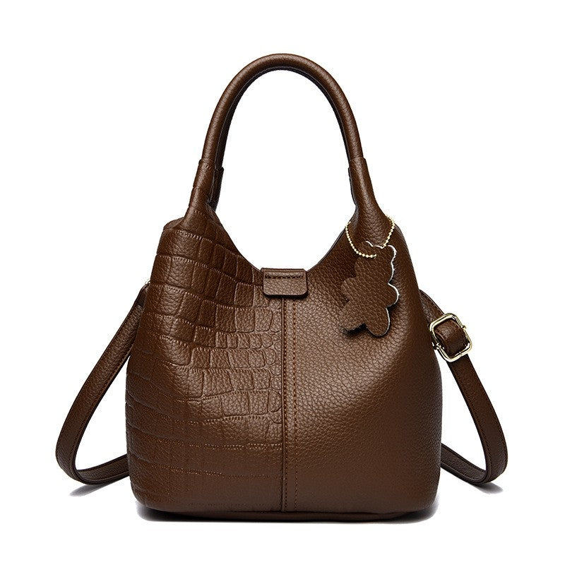 Croc Embossed Bucket Bag with Flower Charm - Brown