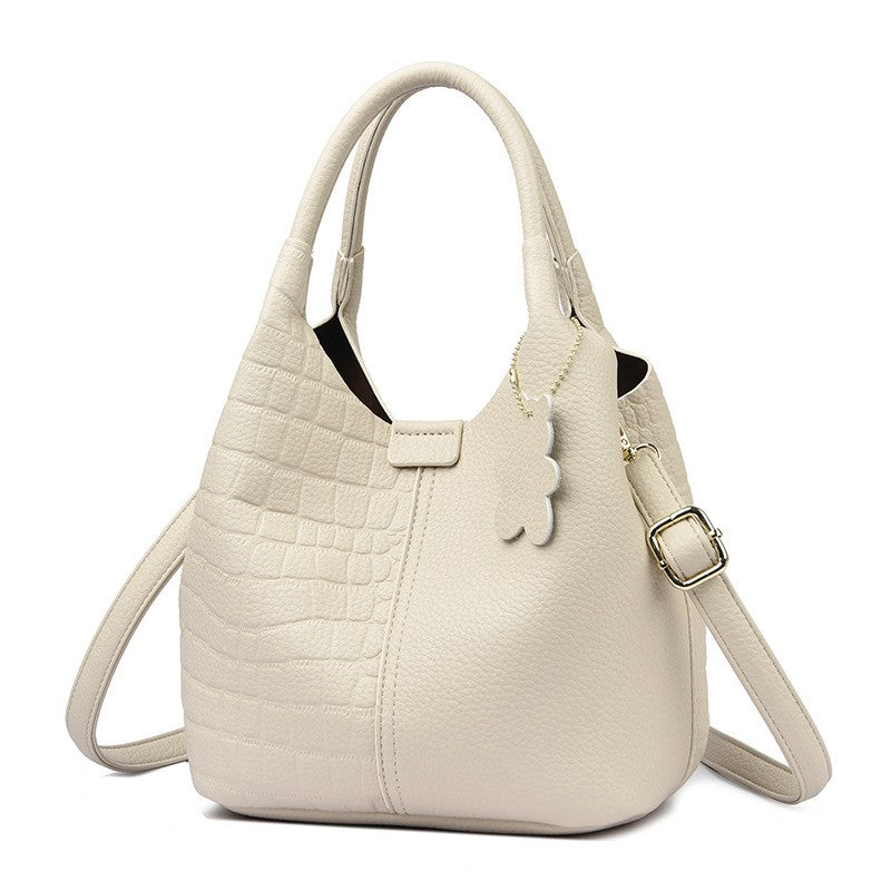 Croc Embossed Bucket Bag with Flower Charm - Cream