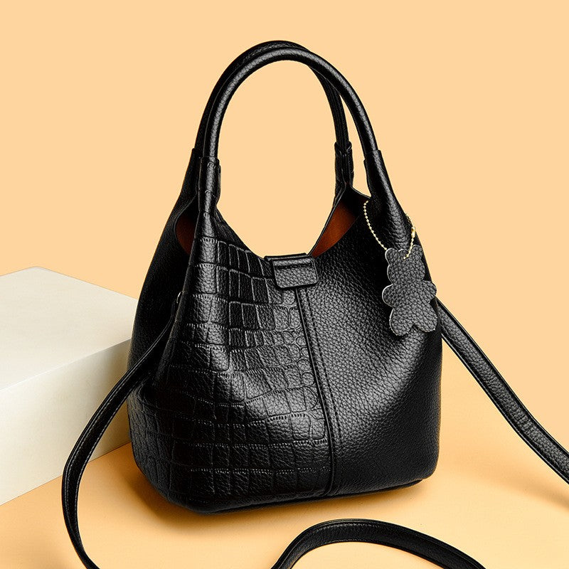 Croc Embossed Bucket Bag with Flower Charm