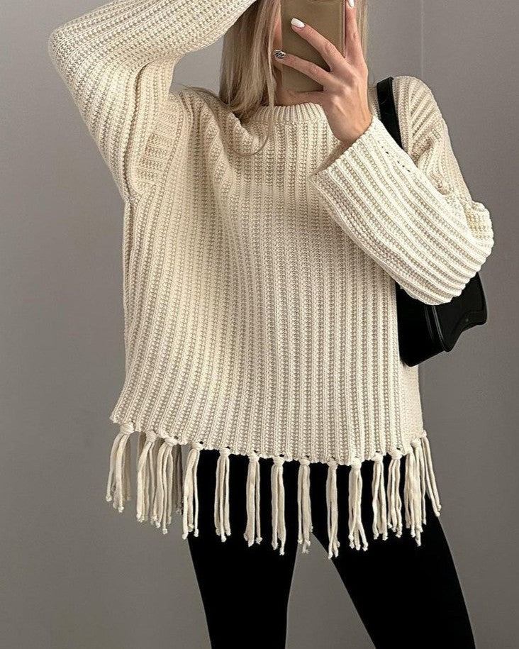Tassel Trim Ribbed Crewneck Knit Sweater - Apricot