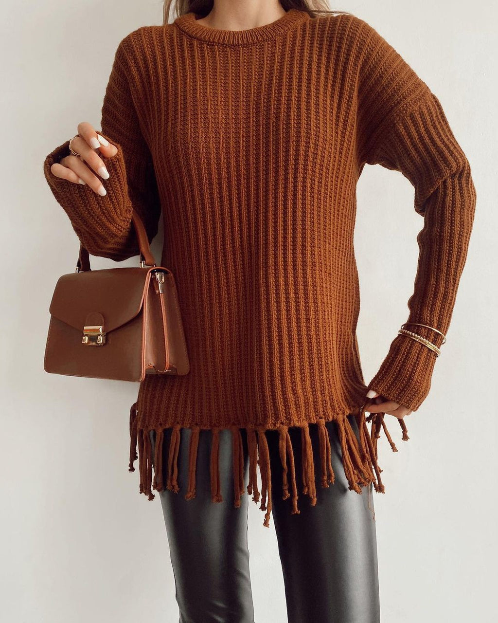 Tassel Trim Ribbed Crewneck Knit Sweater - Brown
