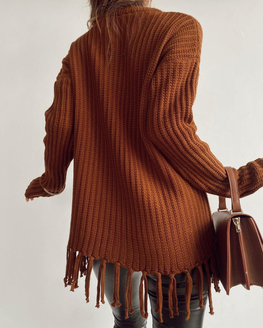 Tassel Trim Ribbed Crewneck Knit Sweater - Brown - 1