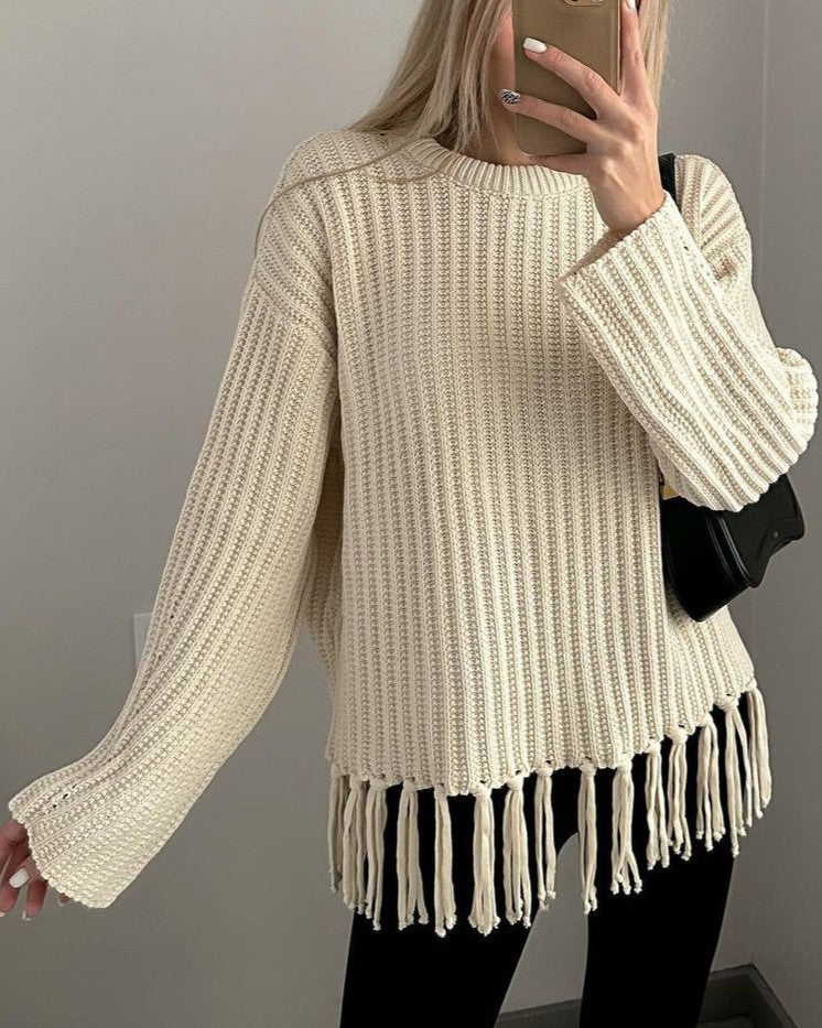 Tassel Trim Ribbed Crewneck Knit Sweater - Brown - 2