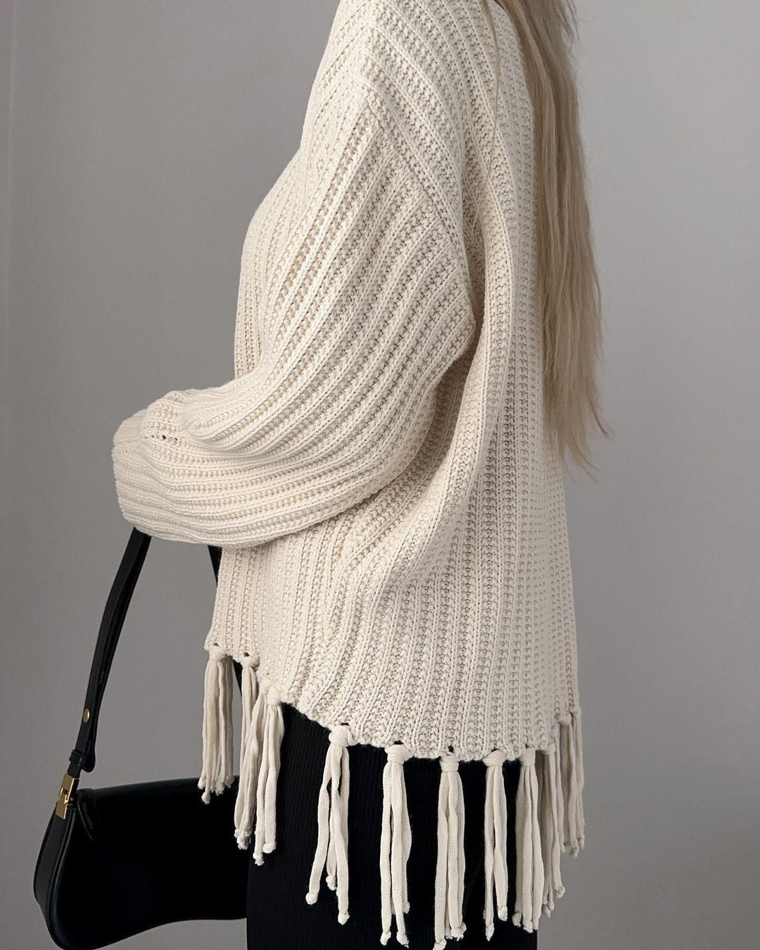 Tassel Trim Ribbed Crewneck Knit Sweater - Brown - 3