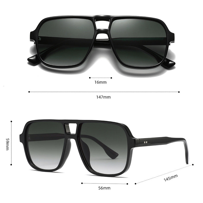 Square Double Bridge Aviator Sunglasses - Black - 2