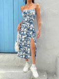 Toile Print Strappy Split Midi Dress - blue