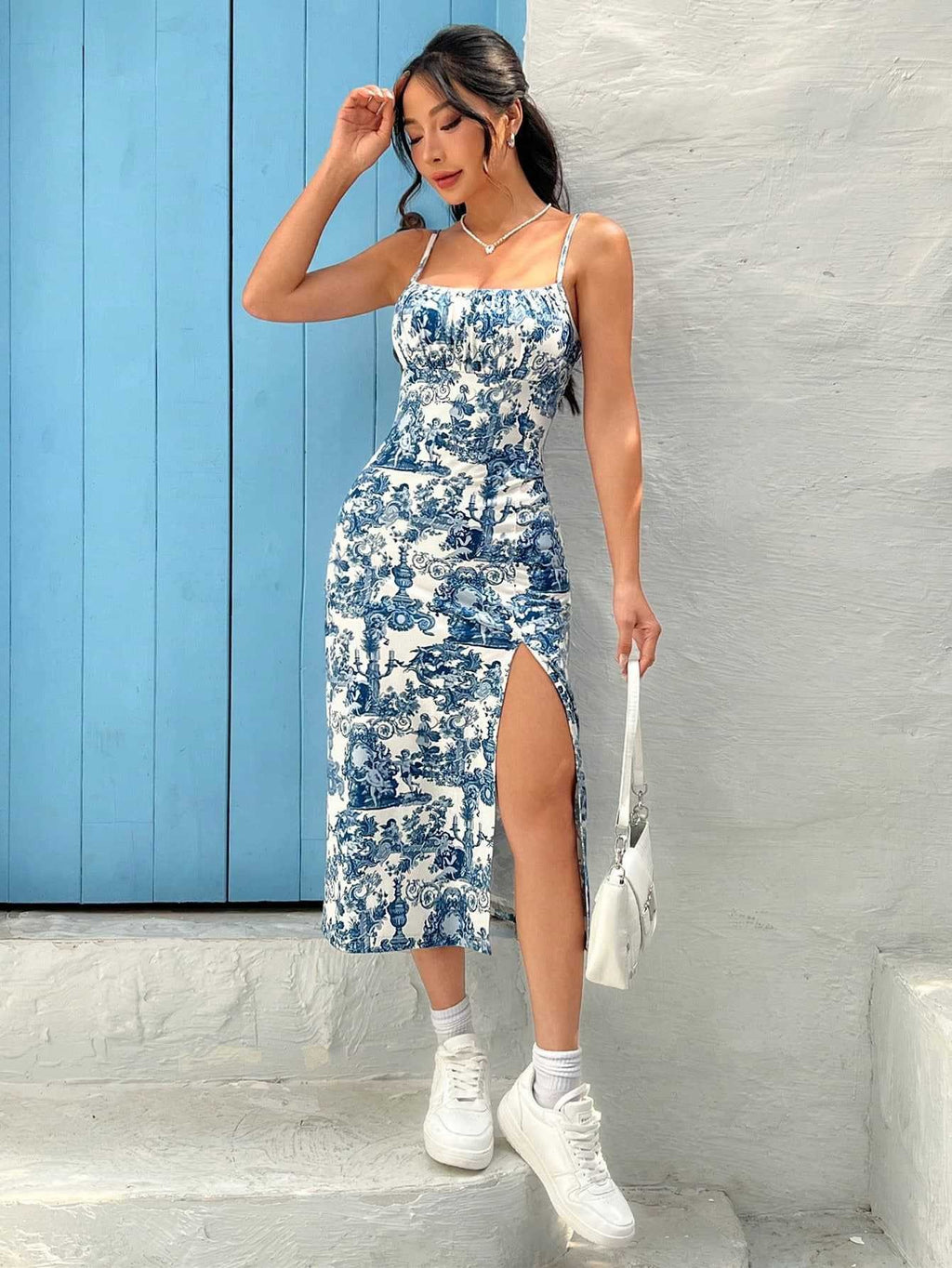 Toile Print Strappy Split Midi Dress - blue - 1