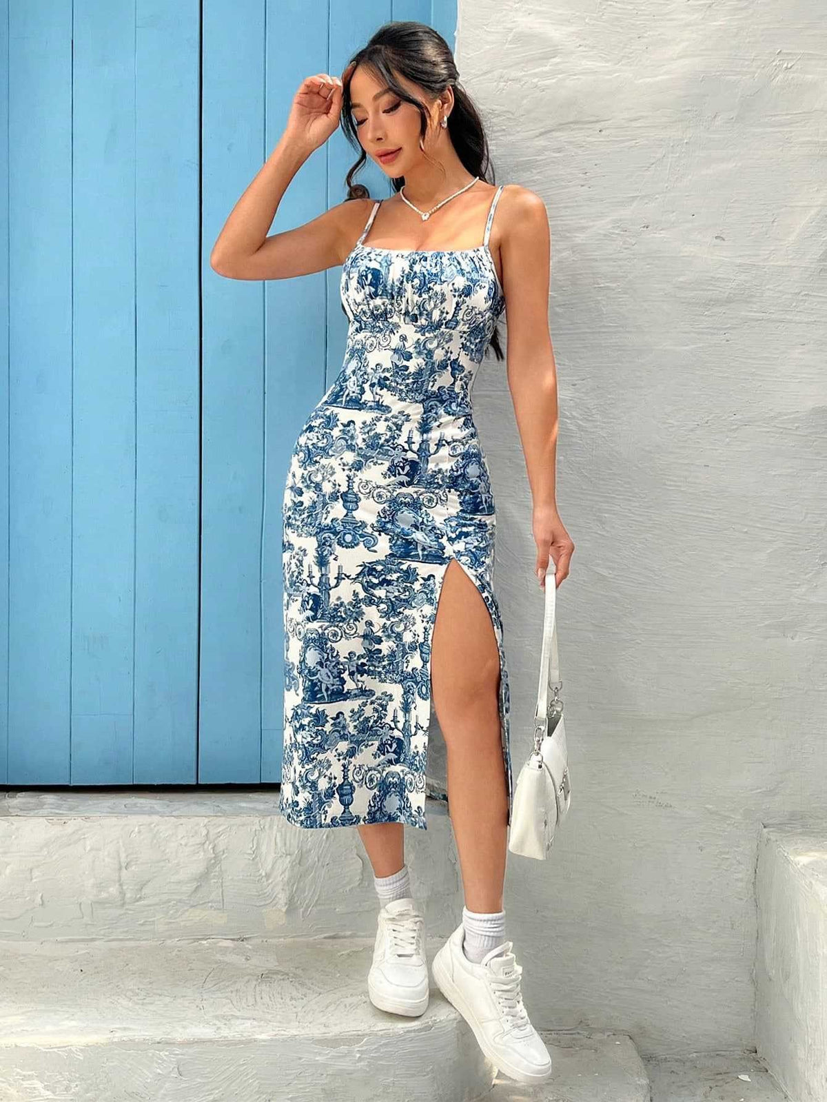 Toile Print Strappy Split Midi Dress - blue - 1