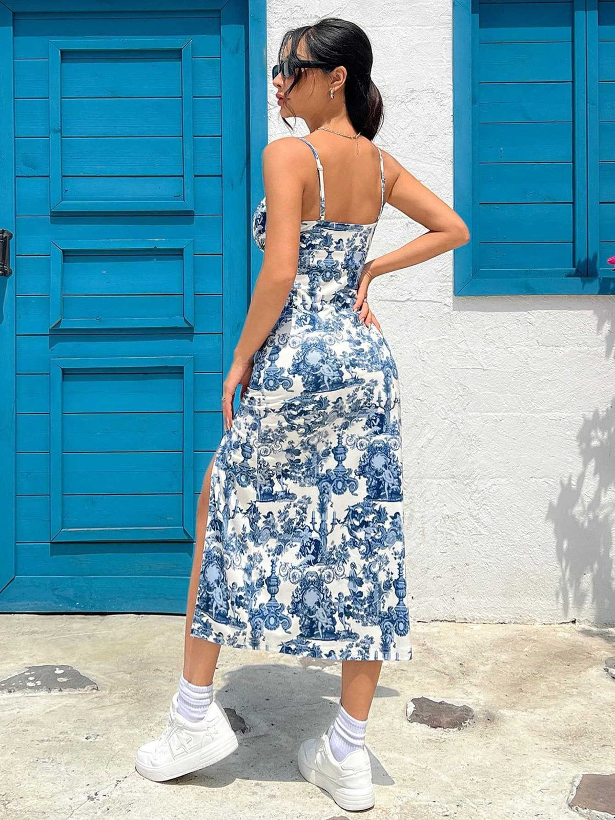 Toile Print Strappy Split Midi Dress - blue - 5