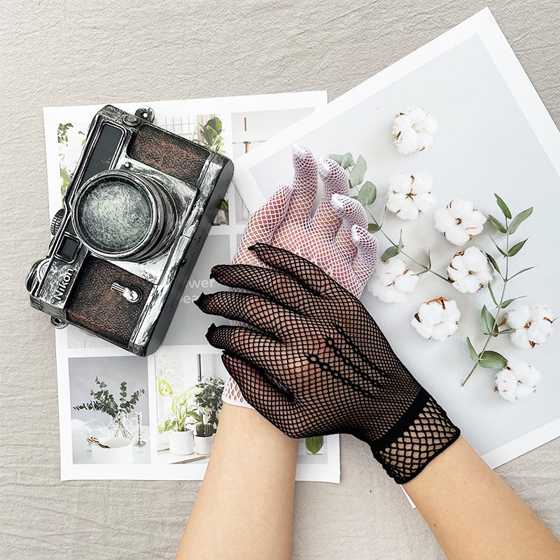 Sheer Mesh Lace Trim Bridal Gloves - Black