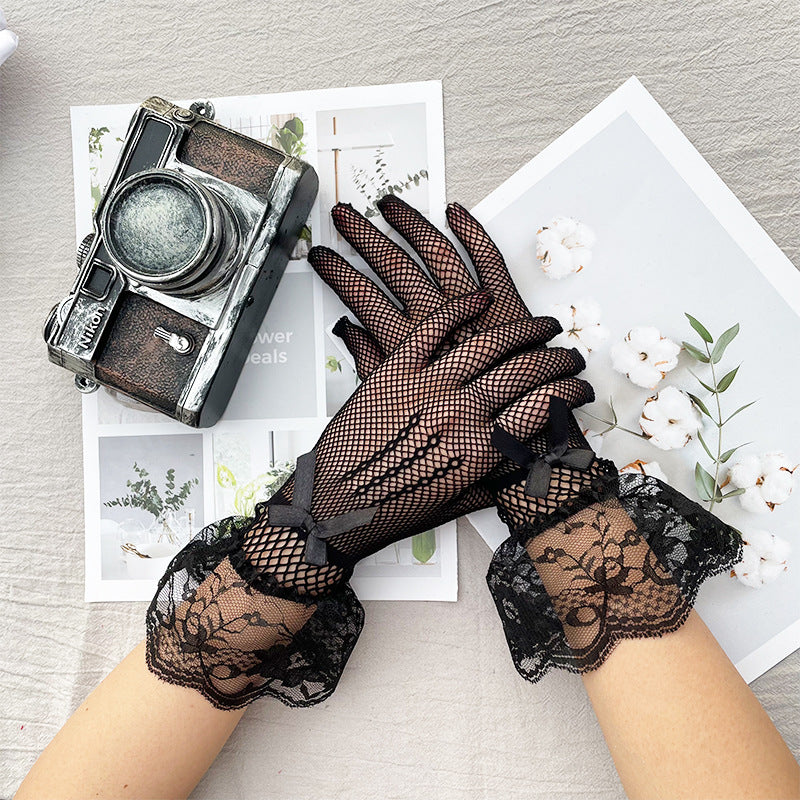 Sheer Mesh Lace Trim Bridal Gloves - BlackBow