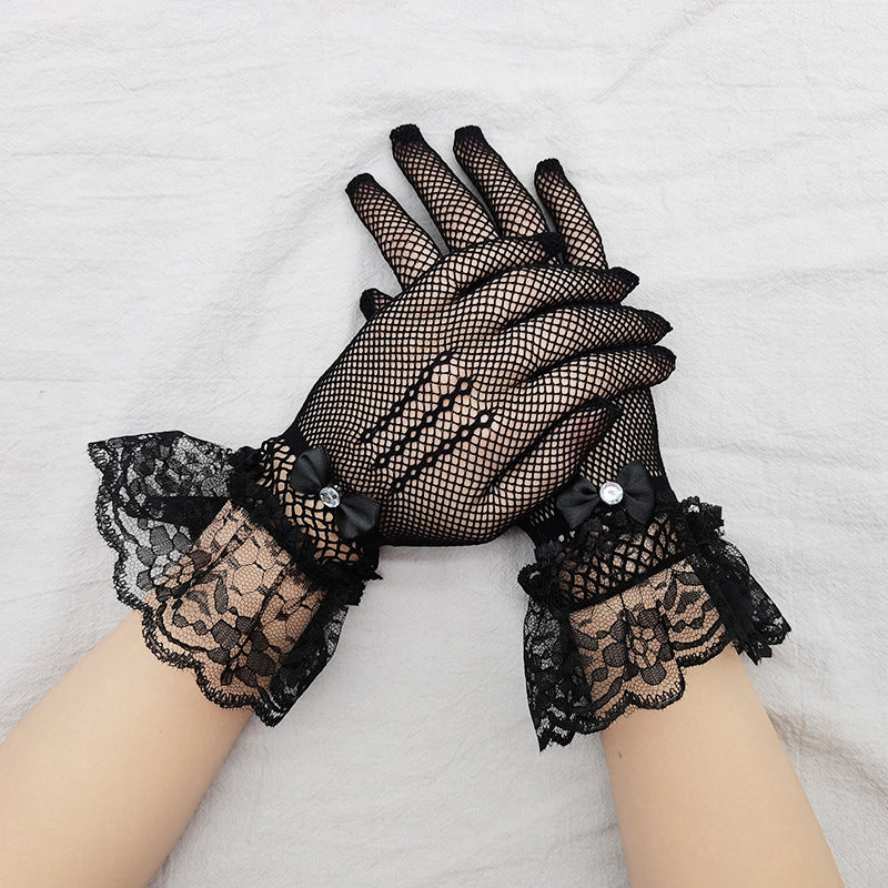 Sheer Mesh Lace Trim Bridal Gloves - BlackDiamond