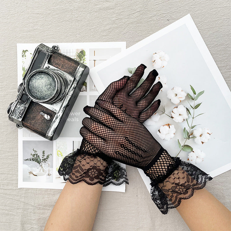 Sheer Mesh Lace Trim Bridal Gloves - BlackLace