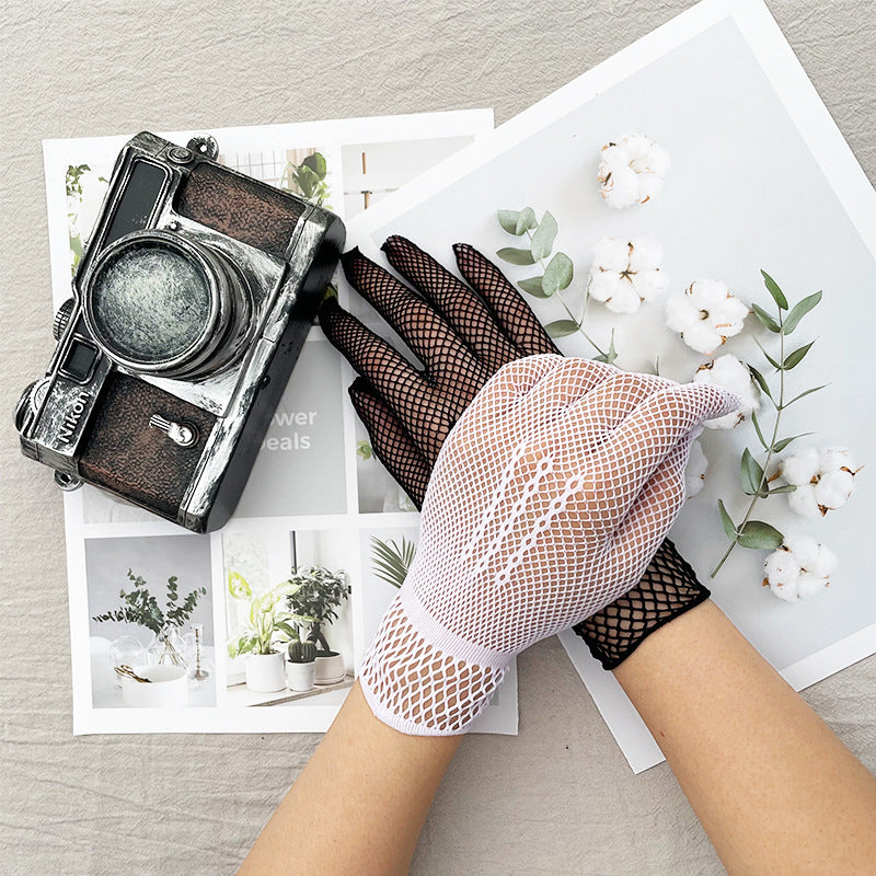 Sheer Mesh Lace Trim Bridal Gloves - White