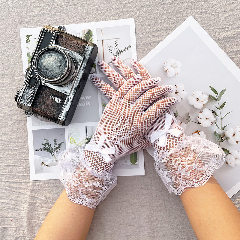 Sheer Mesh Lace Trim Bridal Gloves - WhiteBow